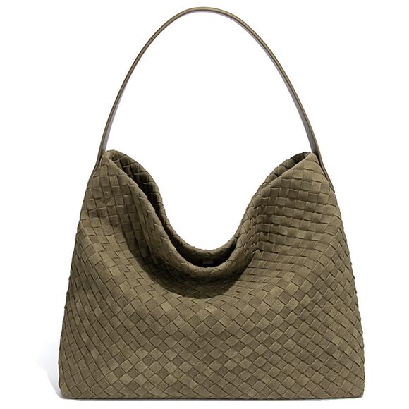 Handbags - 4235 Woven Suede Hobo Bag Trendy Slouchy Shoulder Tote Purse with Leather